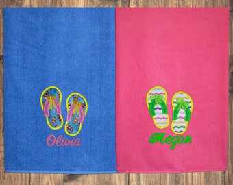 Large Adult or Kids Personalized Beach Towel with Flip Flops, Oversized Monogrammed Flip Flops Beach Towels, Custom Embroidered Swim Towel