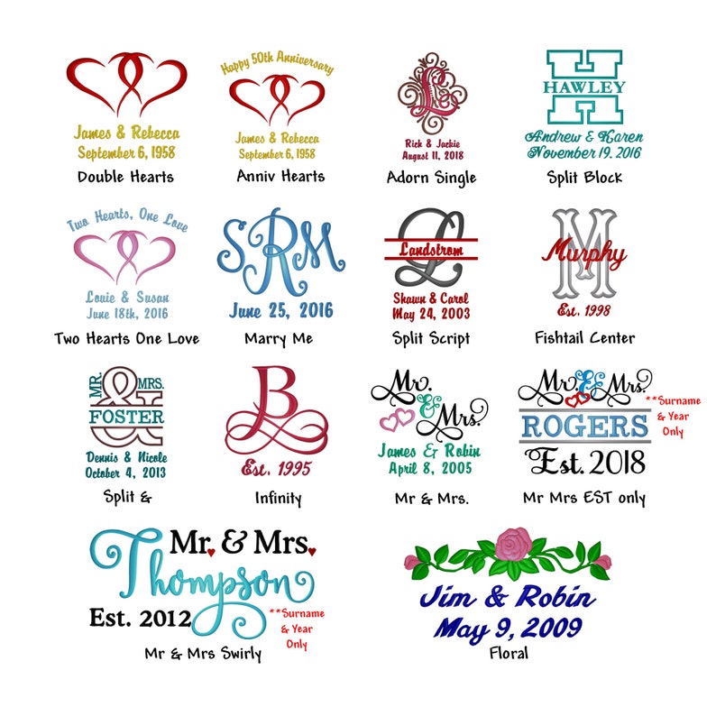 A graphic showing the monogram choices for the embroidered fleece blankets:  Anniversary Hearts, Mr & Mrs, Split Block, Adorn Single, Fishtail Center, Two Hearts One Love, Double Hearts, Split Script, Infinity, Split Block, Split &, Marry Me, Mr Mrs EST only, Mr & Mrs Swirly and Floral.