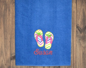 Flip Flops Oversized Personalized Beach Towel for Adults, Large Kids Monogram Beach Towels with Flip Flops, Custom Embroidered Pool Towel