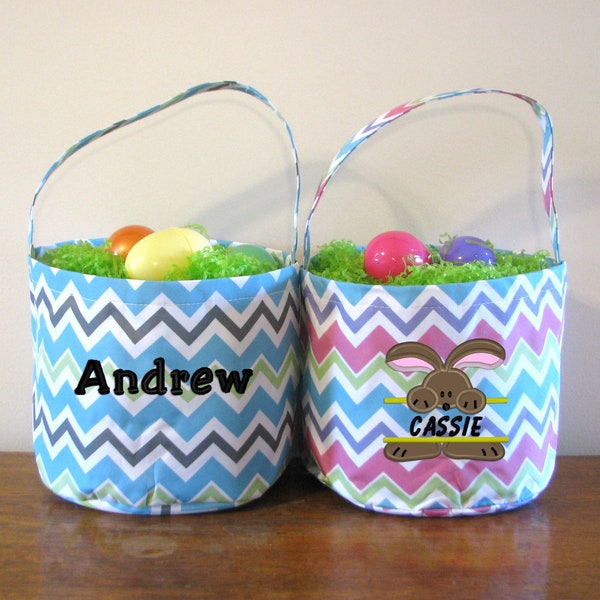 Personalized Easter Basket Girl or Boy, Custom Monogrammed Kids Easter Basket Gifts, Embroidered Easter Bucket Bags with Easter Bunny