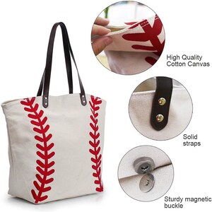 May include: A cream-colored canvas tote bag featuring a red baseball stitch pattern on the front. The bag includes dark brown straps attached with silver-toned metal rivets and a magnetic buckle closure. Text labels include High Quality Cotton Canvas, Solid straps, and Sturdy magnetic buckle.