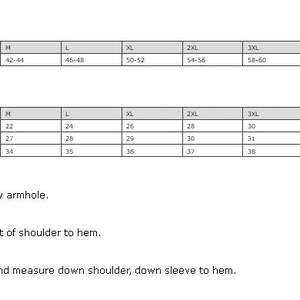 May include: Size chart for clothing with measurements in inches for chest, body length, and sleeve length. Sizes range from S to 5XL.