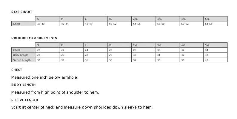 May include: Size chart for clothing with measurements in inches for chest, body length, and sleeve length. Sizes range from S to 5XL.