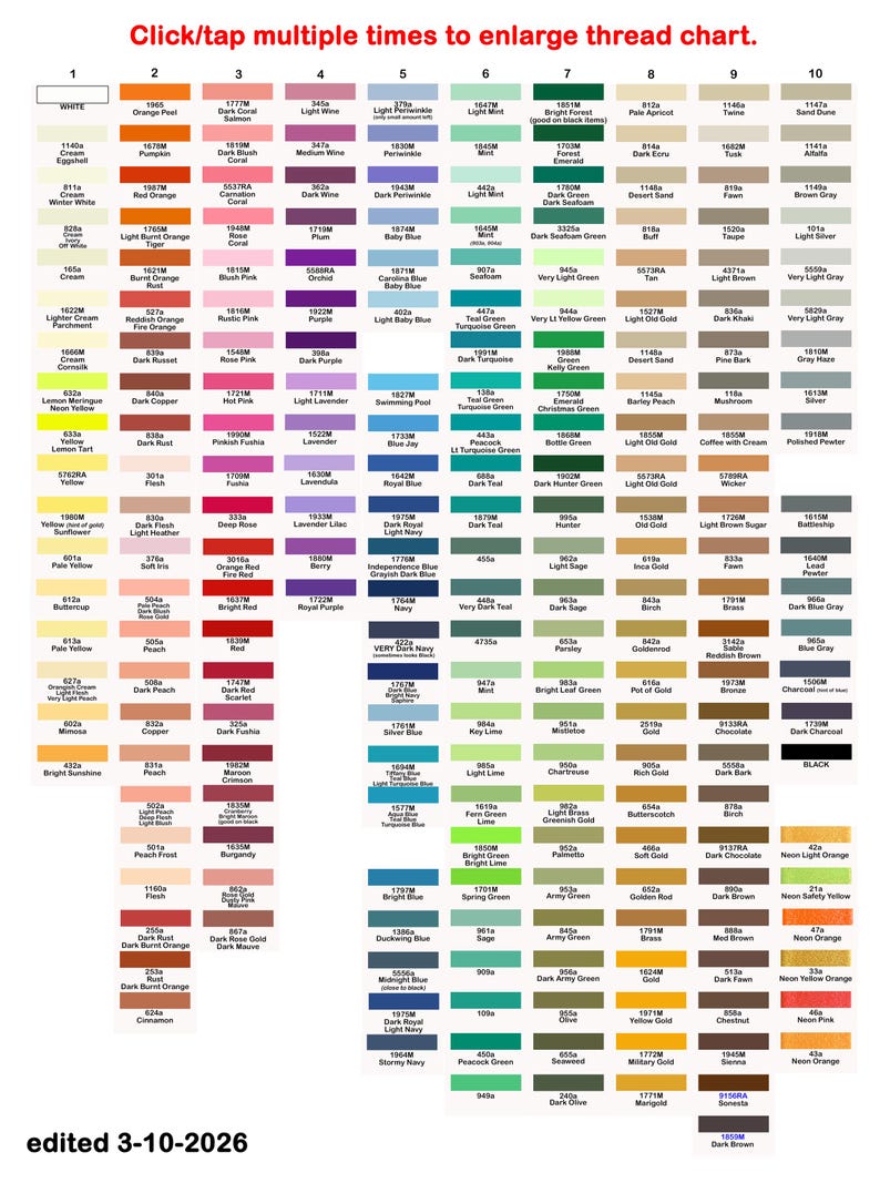 May include: Color chart with thread colors, including shades of red, blue, green, and yellow. The chart has a grid layout with color names and numbers. Text at the top says "Click/tap multiple times to enlarge thread chart."