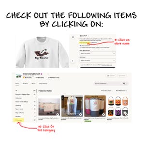 May include: A digital instructional graphic featuring a white sweatshirt with a dachshund graphic and the text Happy Halloweenie, alongside a store interface showing product listings for embroidered bags, laundry hampers, and Halloween-themed buckets.