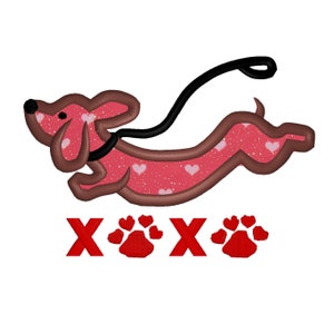 May include: A pink dachshund with a black leash and white hearts printed on its body runs with the text "XOX" and paw prints below.