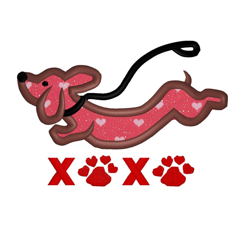 May include: A pink dachshund with a black leash and white hearts printed on its body runs with the text "XOX" and paw prints below.