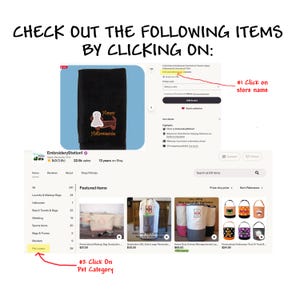May include: A digital instructional graphic for an Etsy shop featuring a black hand towel with an embroidered dachshund ghost and the text Happy Halloweenie, alongside a shop interface showing various personalized bags and buckets for sale.