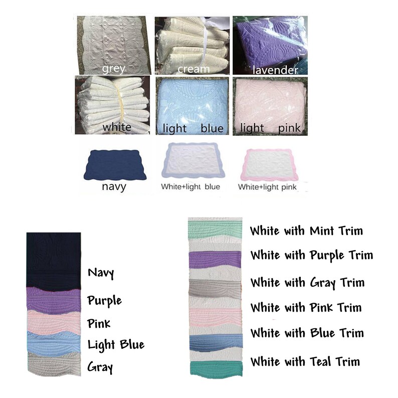 Pode incluir: Uma sele&ccedil;&atilde;o de mantas de beb&ecirc; acolchoadas em v&aacute;rias cores, incluindo azul marinho, branco, azul claro, rosa claro, cinza, creme, lavanda e roxo. As mantas est&atilde;o dispostas em uma grade com os nomes das cores escritos abaixo de cada manta. O texto "Branco com acabamento menta", "Branco com acabamento roxo", "Branco com acabamento cinza", "Branco com acabamento rosa", "Branco com acabamento azul" e "Branco com acabamento azul-petr&oacute;leo" est&aacute; escrito verticalmente no lado direito da imagem.