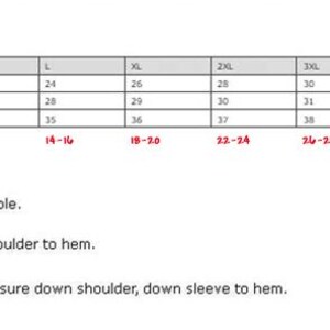 May include: A black and white sweatshirt sizing chart with columns for sizes S through 5XL. It lists chest, body length, and sleeve length measurements in inches. It also includes approximate ladies' sizes and definitions for how to measure chest, body length, and sleeve length.
