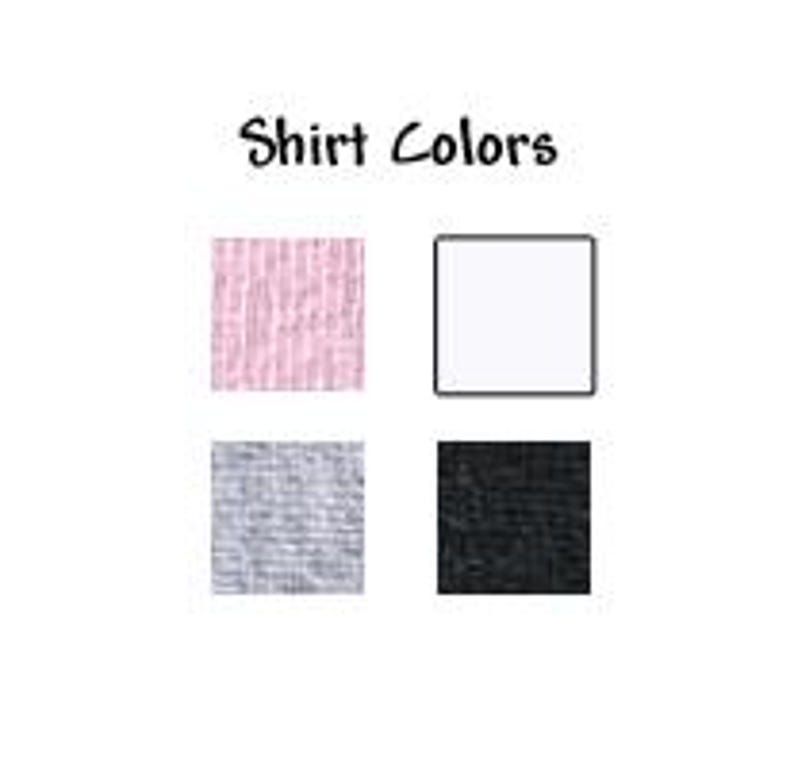 May include: A color chart titled Shirt Colors featuring four square swatches. The top left is a light pink textured fabric, the top right is a solid white square, the bottom left is a light gray heathered fabric, and the bottom right is a solid black square.