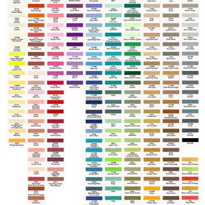 May include: A colour chart with 10 columns and 30 rows. Each square contains a different colour of thread. The colours are labelled with numbers and names. The chart is titled "Click/tap multiple times to enlarge thread chart."