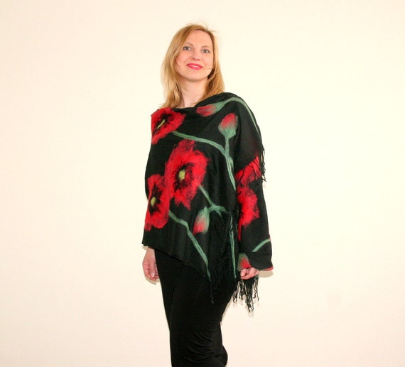 Pashmina Schal mit roten Mohnblumen, schwarz Floral Schal, Mohn, Art Pashmina Pashmina Schal mit roten Mohnblumen, schwarz Floral Schal, Mohn, Art Pashmina