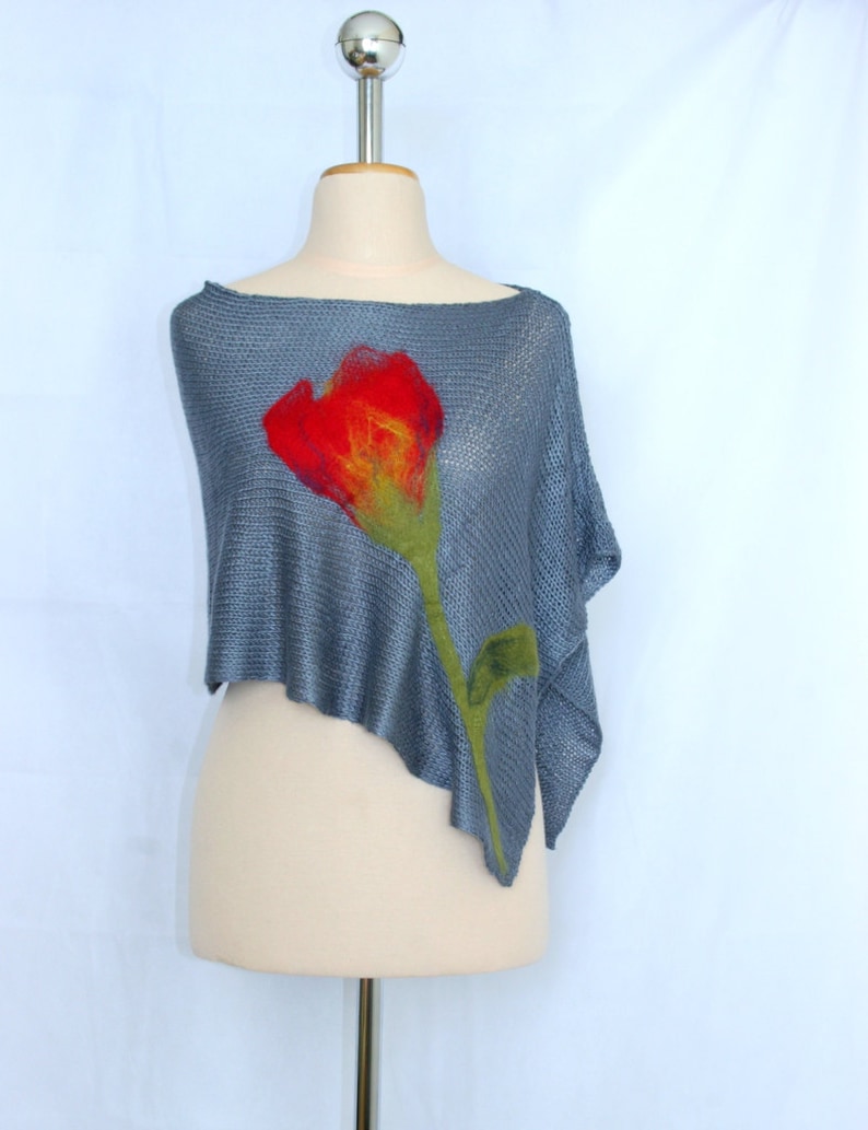 Hand Knitted Poncho with Felted Tulip Flower