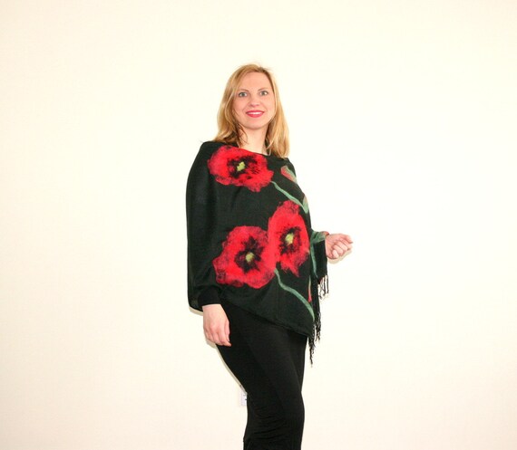 Pashmina Schal mit roten Mohnblumen, schwarz Floral Schal, Mohn, Art Pashmina Pashmina Schal mit roten Mohnblumen, schwarz Floral Schal, Mohn, Art Pashmina