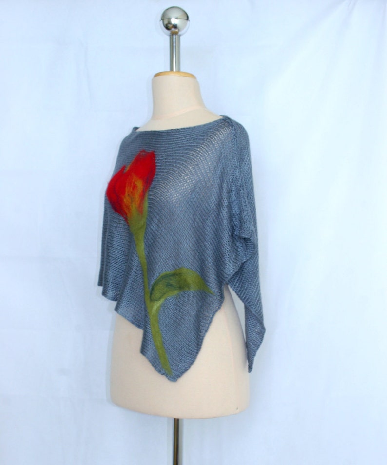 Hand Knitted Poncho with Felted Tulip Flower