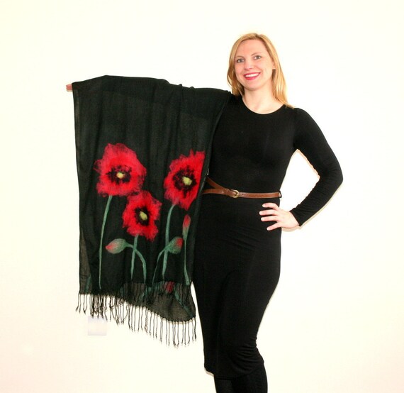 Pashmina Schal mit roten Mohnblumen, schwarz Floral Schal, Mohn, Art Pashmina Pashmina Schal mit roten Mohnblumen, schwarz Floral Schal, Mohn, Art Pashmina