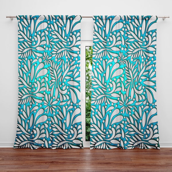 Aqua Teal Teardrop and Leaf Pattern Window Curtains | Long Panel Sheer and Lined Curtains | Teal Curtains | Window Treatments