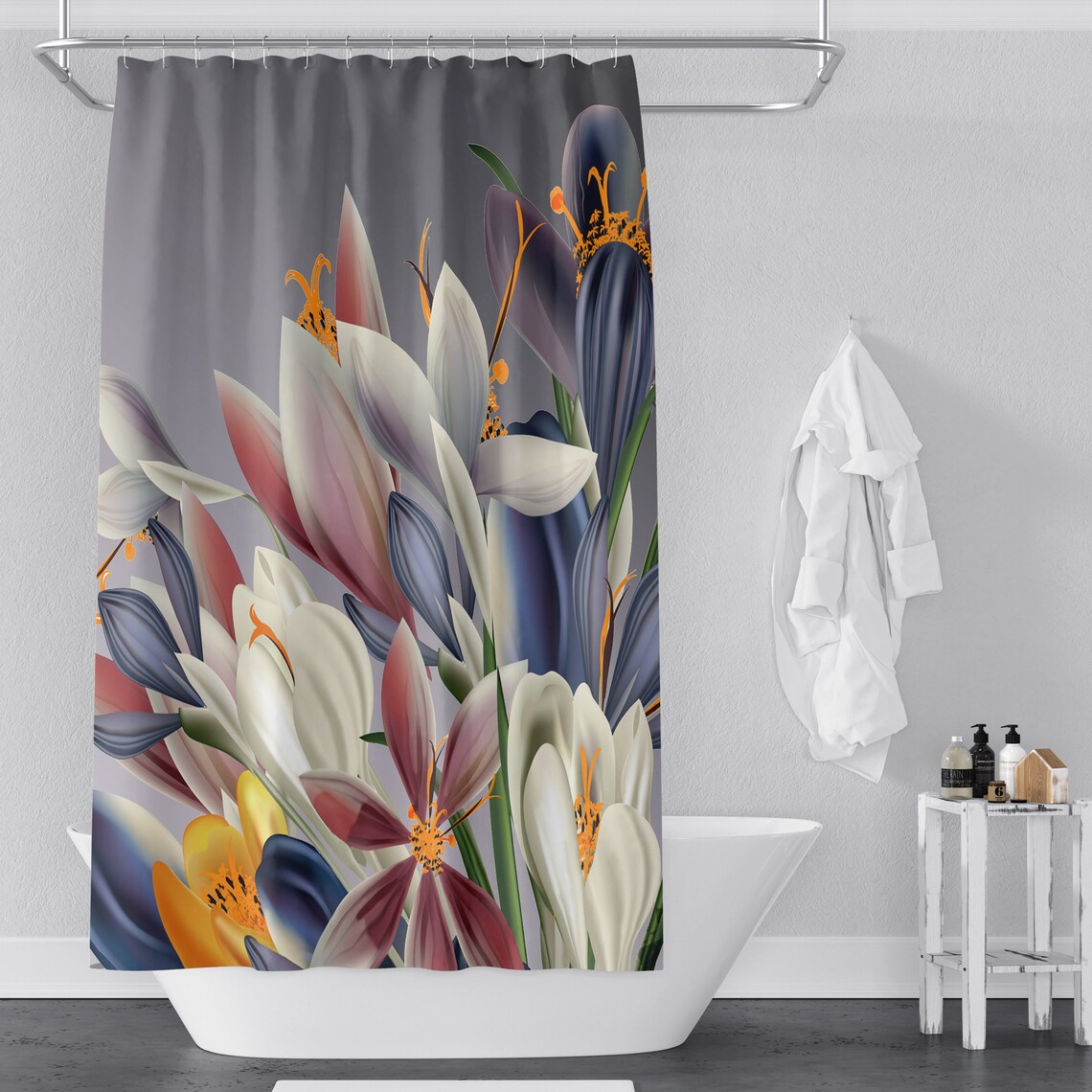 Gray Floral Shower Curtain Long and Extra Long Options Etsy