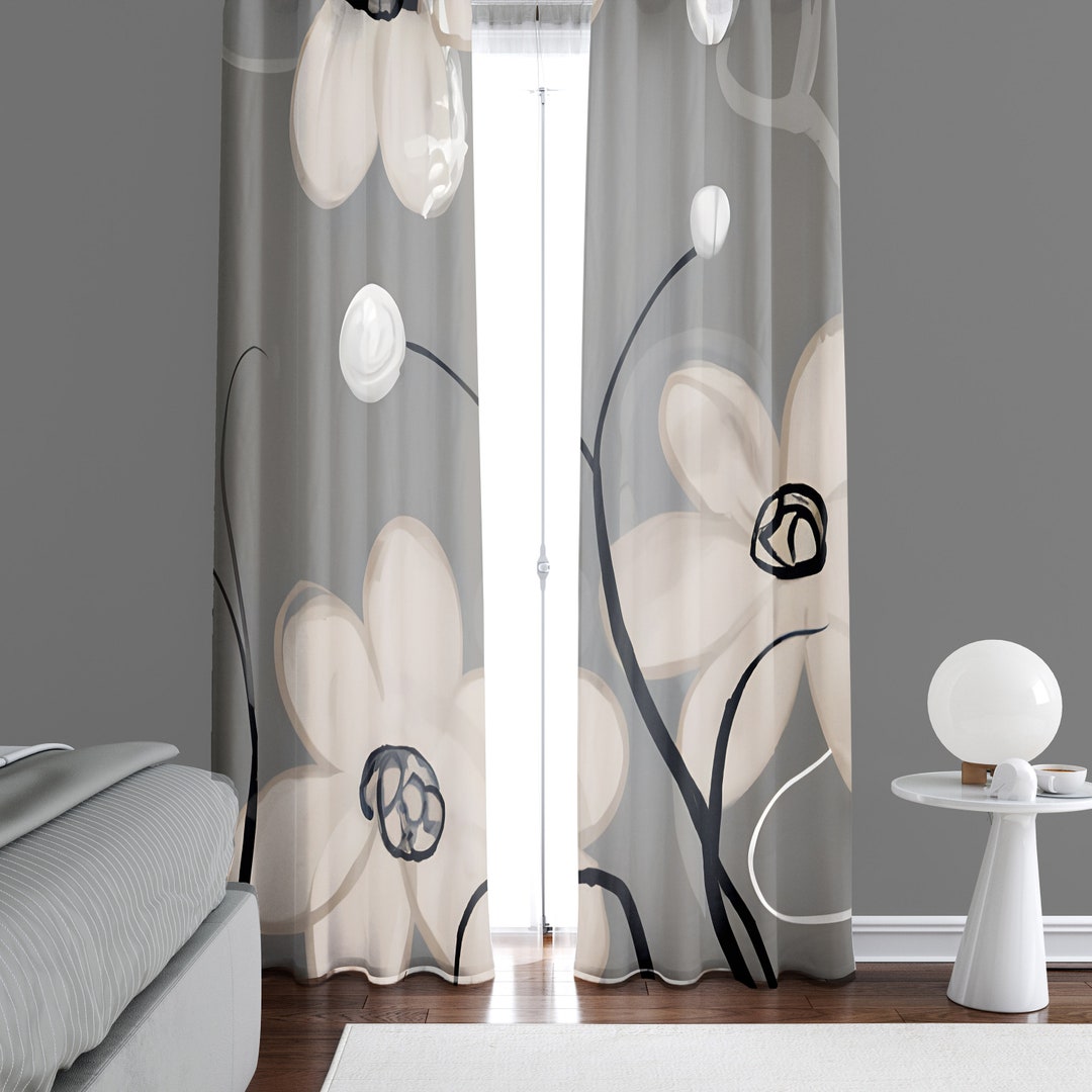 Abstract Floral Gray Scale Window Curtain Panels | Lined, Unlined ...
