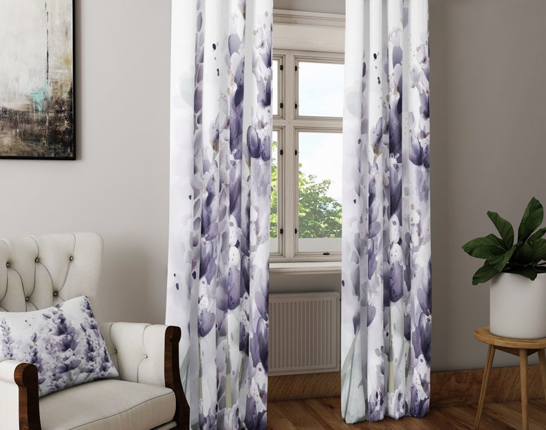 Lined and Sheer Panels Chic Watercolor Lavender Floral Window Curtains