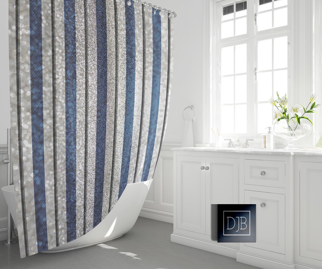 Blue and Gray Striped Shower Curtain With Set Options Etsy