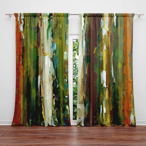 Abstract Forest Window Curtains - Green and Orange Stylized Abstract Stripes | Lined, Unlined, Sheer, Room Darkening