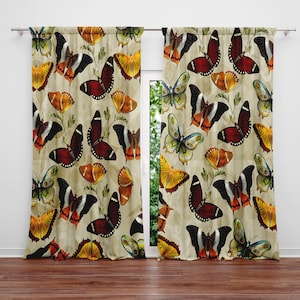 Beige Butterfly Window Curtains | Fun Nature Print | Living Room Curtains, Bedroom Curtains | Valance