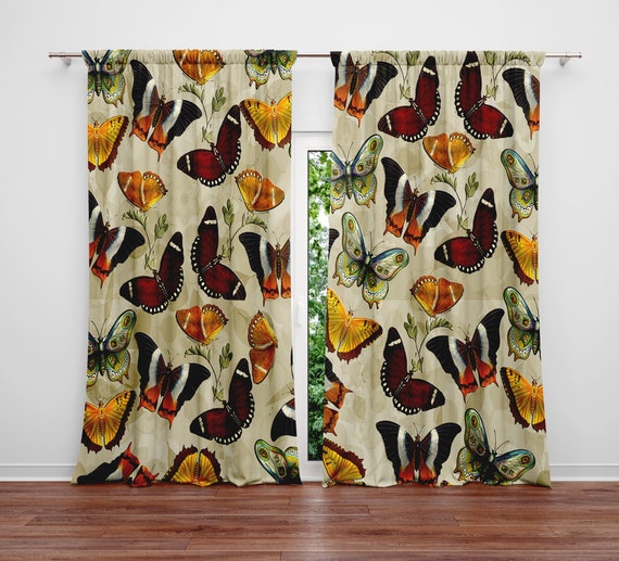 Beige Butterfly Window Curtains | Fun Nature Print | Living Room Curtains, Bedroom Curtains | Valance