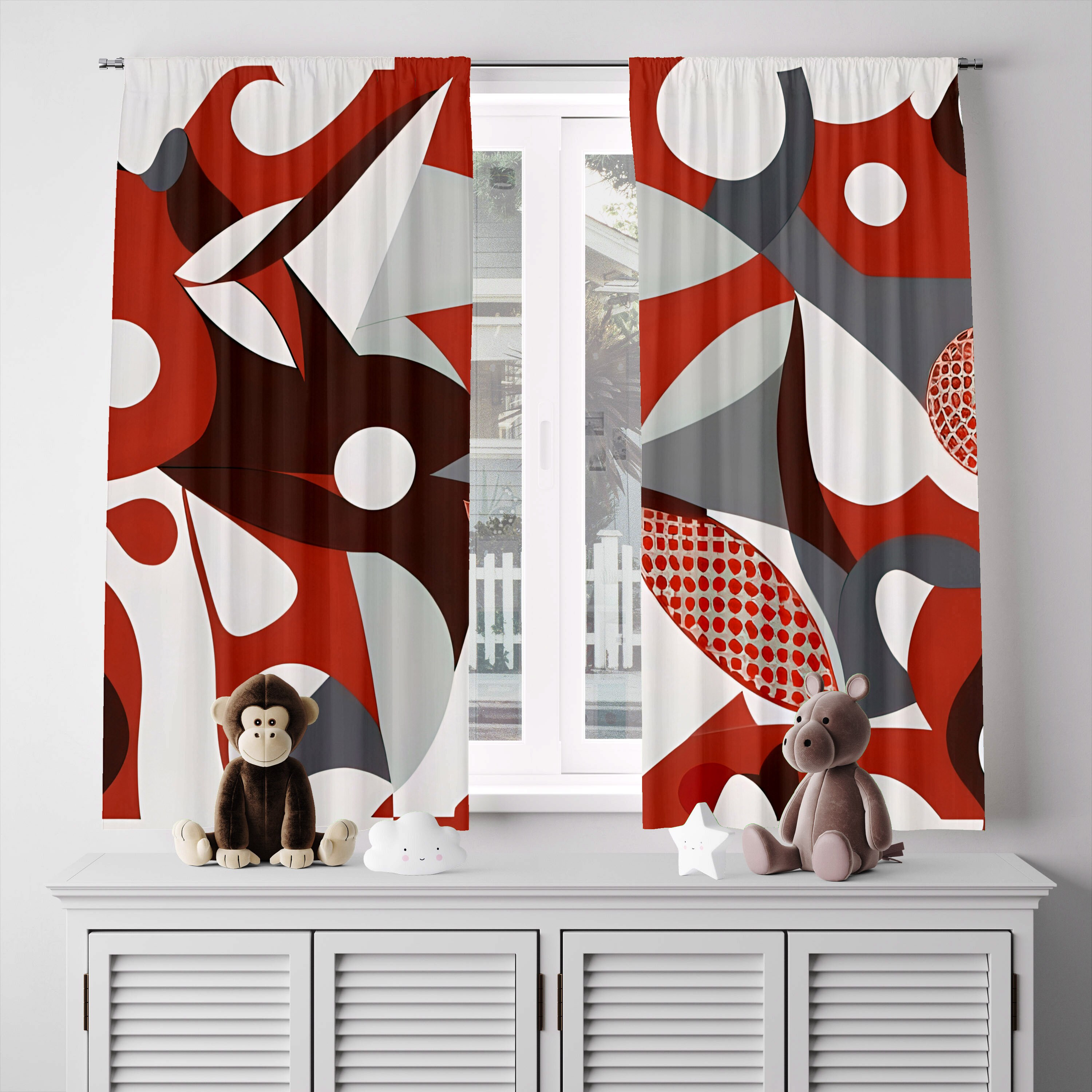Tende Oscuranti A Strisce Astratte Grigio Rosso Bianco – 2 Pannelli 200x264 Cm Per Soggiorno E Camera Da Letto - 2