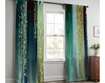 Striped Watercolor Boho Nautical Green Window Curtains | Lined and Unlined Curtains | Valance