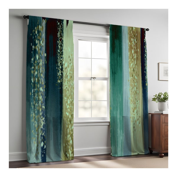Striped Watercolor Boho Nautical Green Window Curtains | Lined and Unlined Curtains | Valance