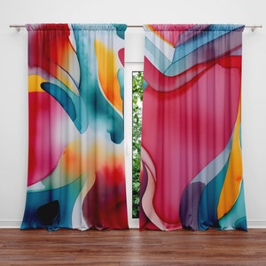 Abstract Watercolor Window Curtains - Blue and Pink Watercolor Stains Print Curtain Panels | Lined, Unlined, Sheer, Room Darkening
