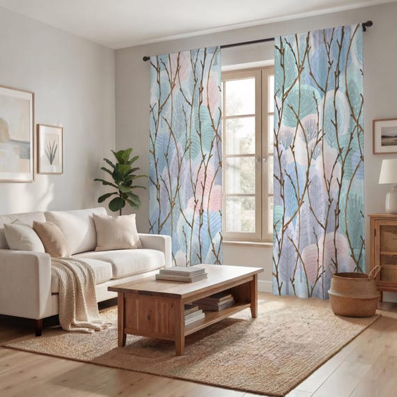 Pink Branch and Bird Botanical Pattern Window Curtains
