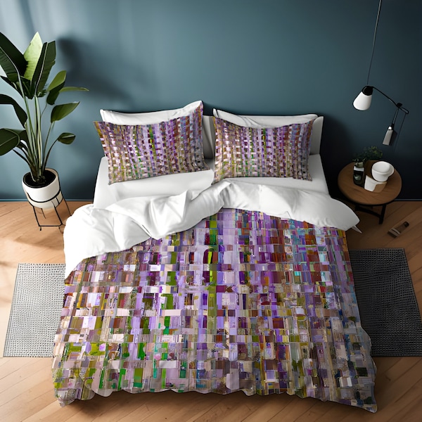 Green and Purple Abstract Broken Stripes Print Comforter or Duvet Cover | Twin, Queen, King Size