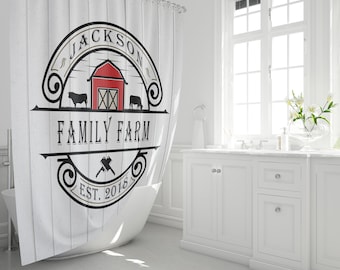 Farmhouse Shower Curtain | Personalized Rustic Shower Curtain | White and Red Barn Farm Logo
