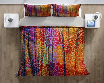Boho Floral Rags Bettwäsche | Tröster oder Bettbezug | Lappen, buntes Design | Zwilling, Königin, König Größe