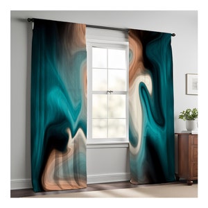 Teal, Black and Tan Swirl Window Curtains | Long Panel Sheer and Blackout Curtains | Aqua Smoke Design