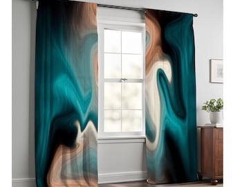 Teal, Black and Tan Swirl Window Curtains | Long Panel Sheer and Blackout Curtains | Aqua Smoke Design
