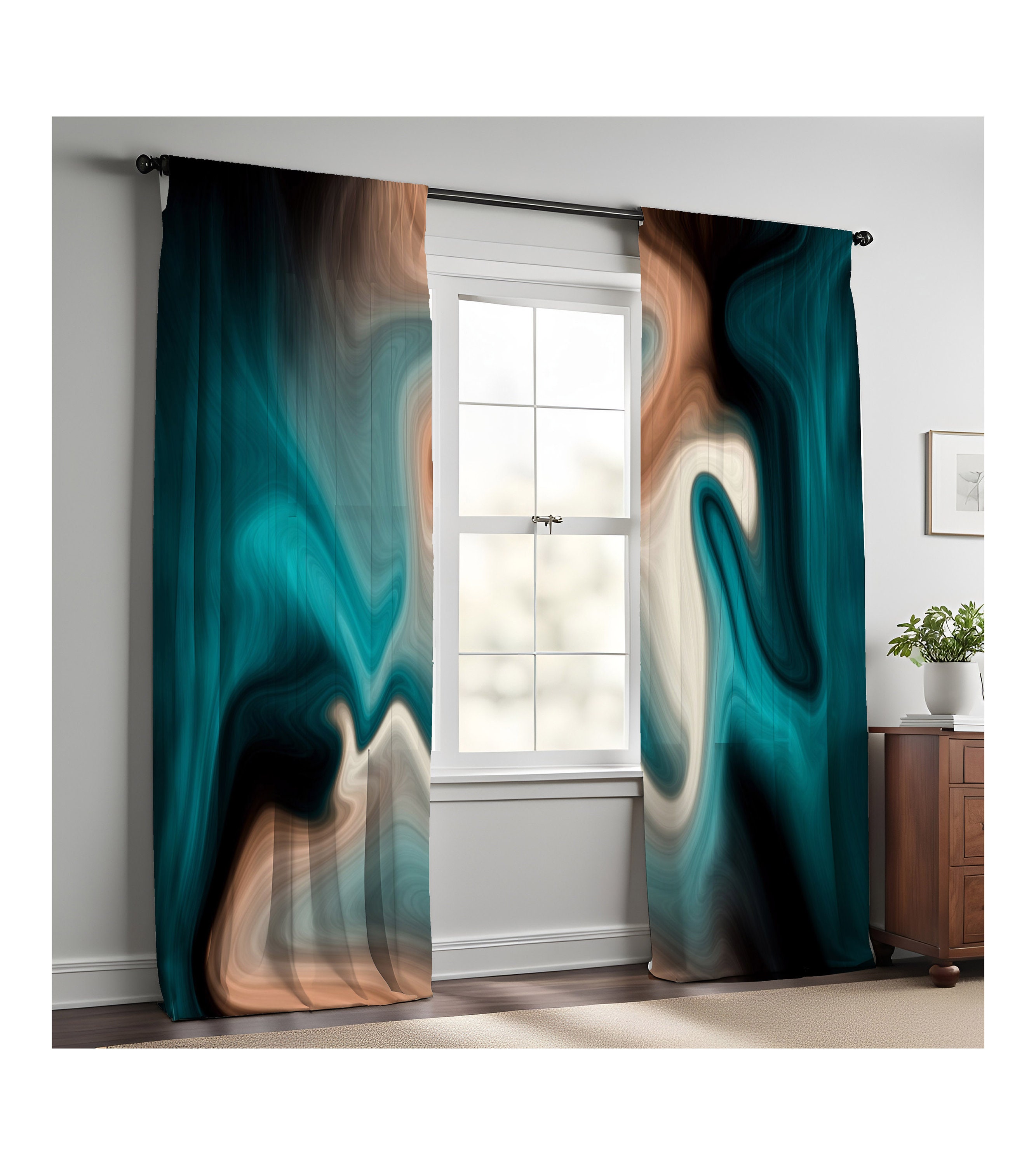 Teal, Black and Tan Swirl Window Curtains Long Panel Sheer and Blackout  Curtains Aqua Smoke Design 