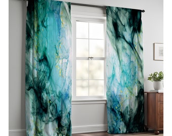 Blue Abstract Design Window Curtains | Lined, Unlined and Room Darkening Panels | Long Panel Options