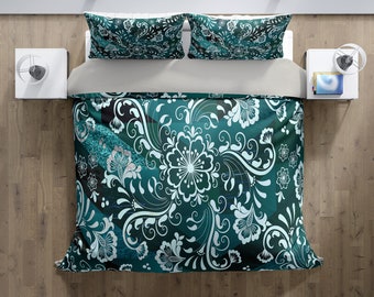 Green Damask Comforter or Duvet Cover | Twin, Queen, King Size