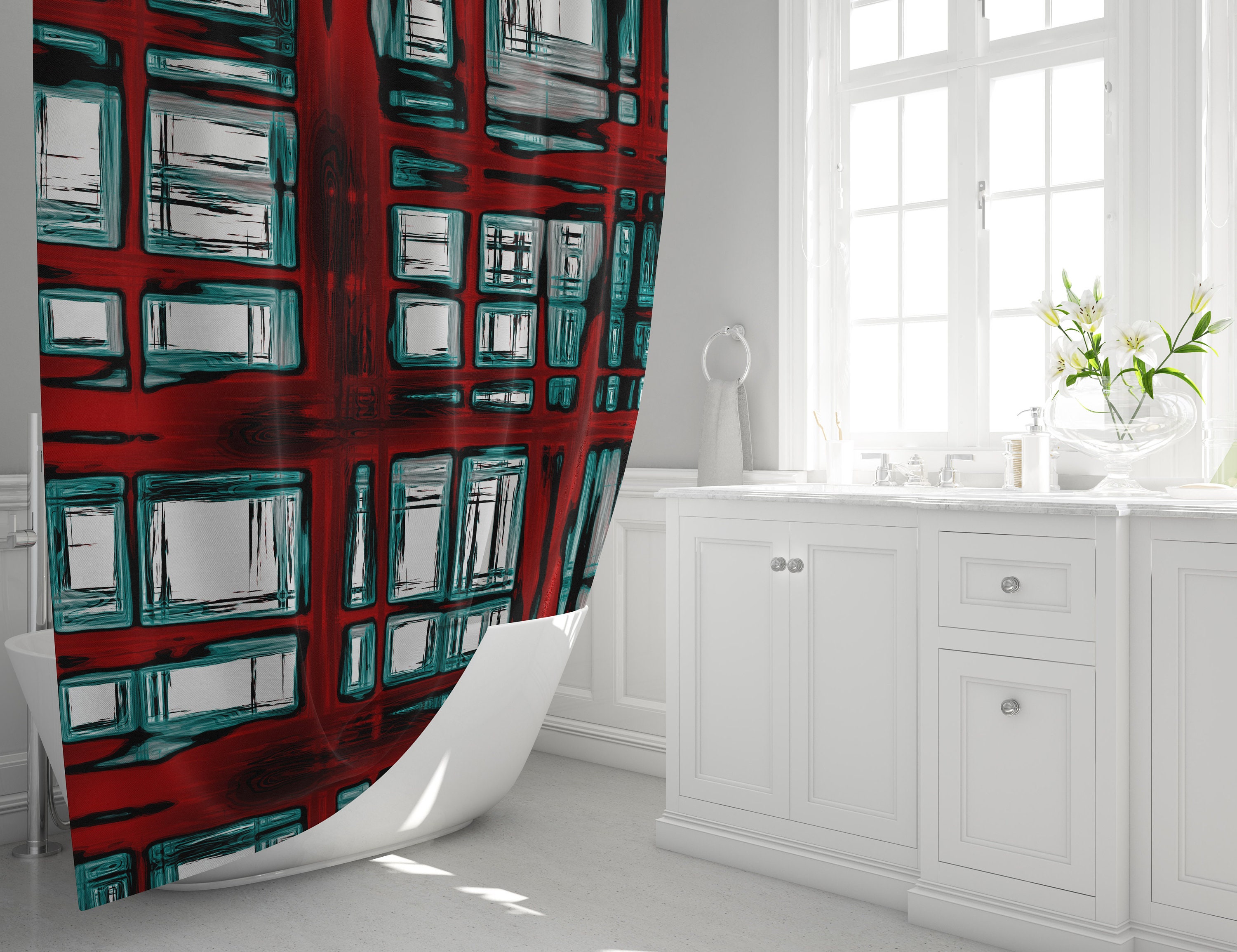 Red and Blue Action Stripe Shower Curtain | Bathmat with Set Options