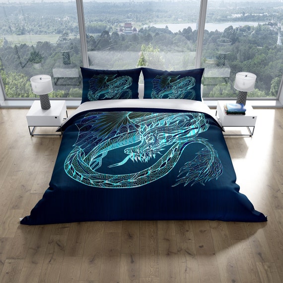 Comforter Or Duvet Cover Electric Blue Dragon Navy Blue Etsy