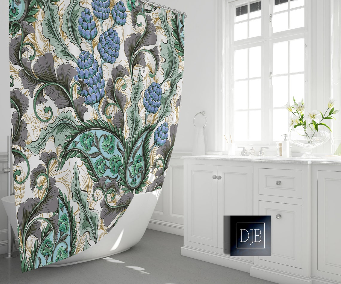 Modern Paisley Floral Shower Curtain Green and Blue Paisley Etsy