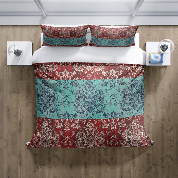 Red and Blue Victorian Damask Comforter or Duvet Cover | Vintage Style Print