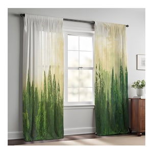 Green and Cream Foggy Pine Forest Window Curtain Panels | Long Panel Lined, Unlined and Blackout Curtains