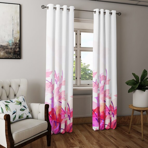 Long Window Curtains White With Red And Pink Floral Print Etsy