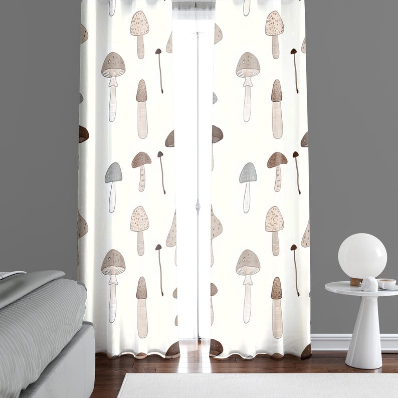 Cottage Chic Mushroom Pattern Window Curtains Long Panel Sheer and