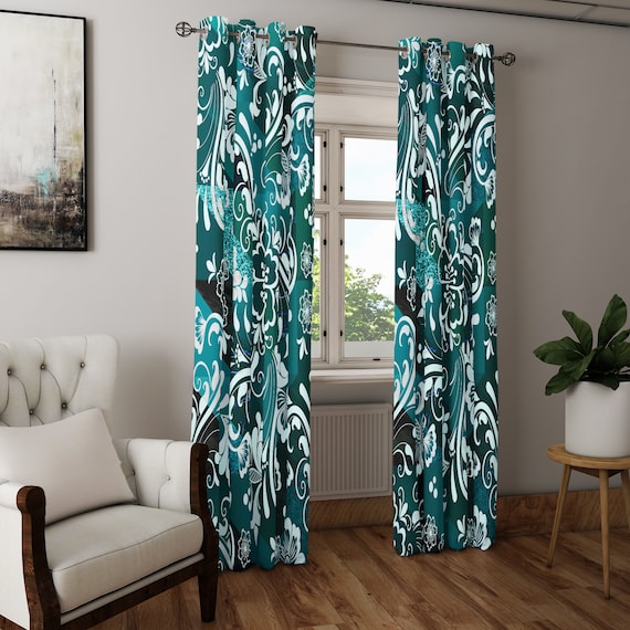 Green And Teal Damask Style Window Curtains Long Panel Sheer Etsy